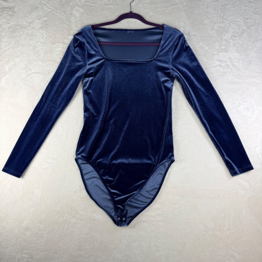 Old Navy Square Neck Velvet Bodysuit Womens M Blue Long Sleeve Snap Whimsigoth